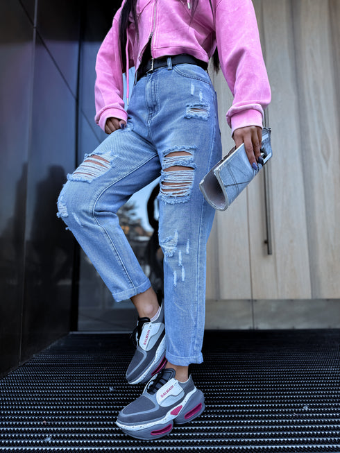 MOM, DENIM kelnės su ašaromis W1036 - Mėlynos